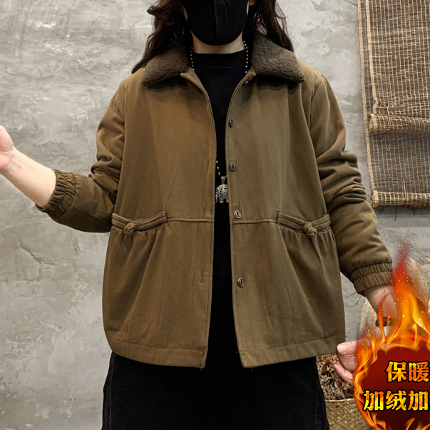 C619中年妈妈装民族风棉衣翻领棉布女冬装棉袄中国风加绒休闲宽松