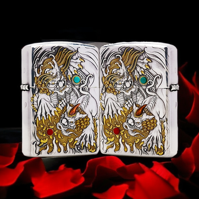 ZIPPO/之宝打火机镀银鎏金镶嵌【雌雄貔貅】盔甲原装正品煤油机DYJ1