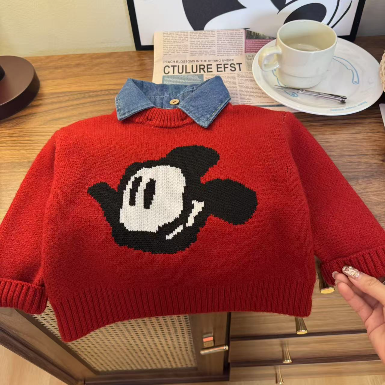 超好看假两件儿童套头毛衣韩版时尚米奇内搭翻领卡通毛衣红色