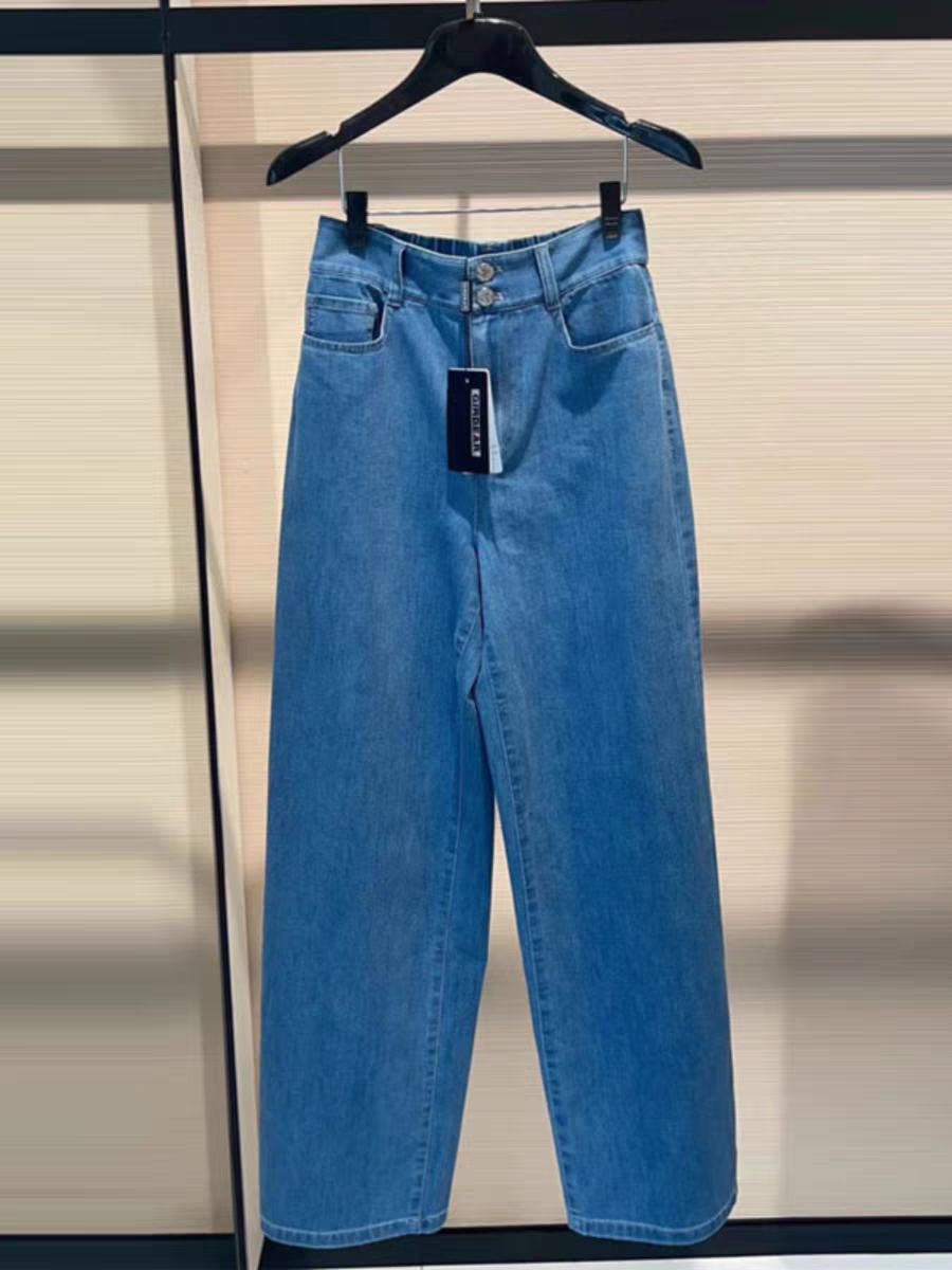 哥家夏季新款松紧高腰直筒牛仔裤微微暇