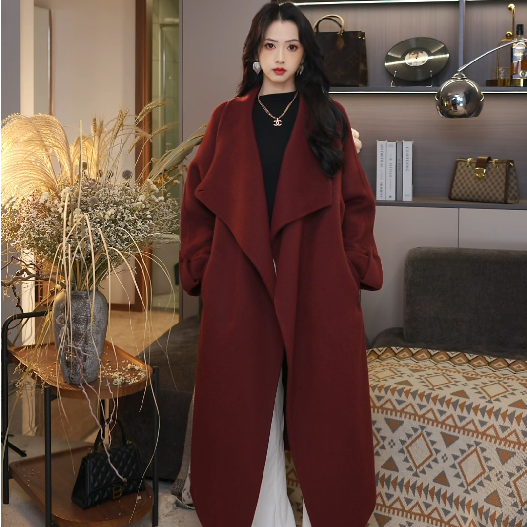 【珂珂专属】2025新款翻领长款秋冬女长袖纯色冬季设计师外套24010
