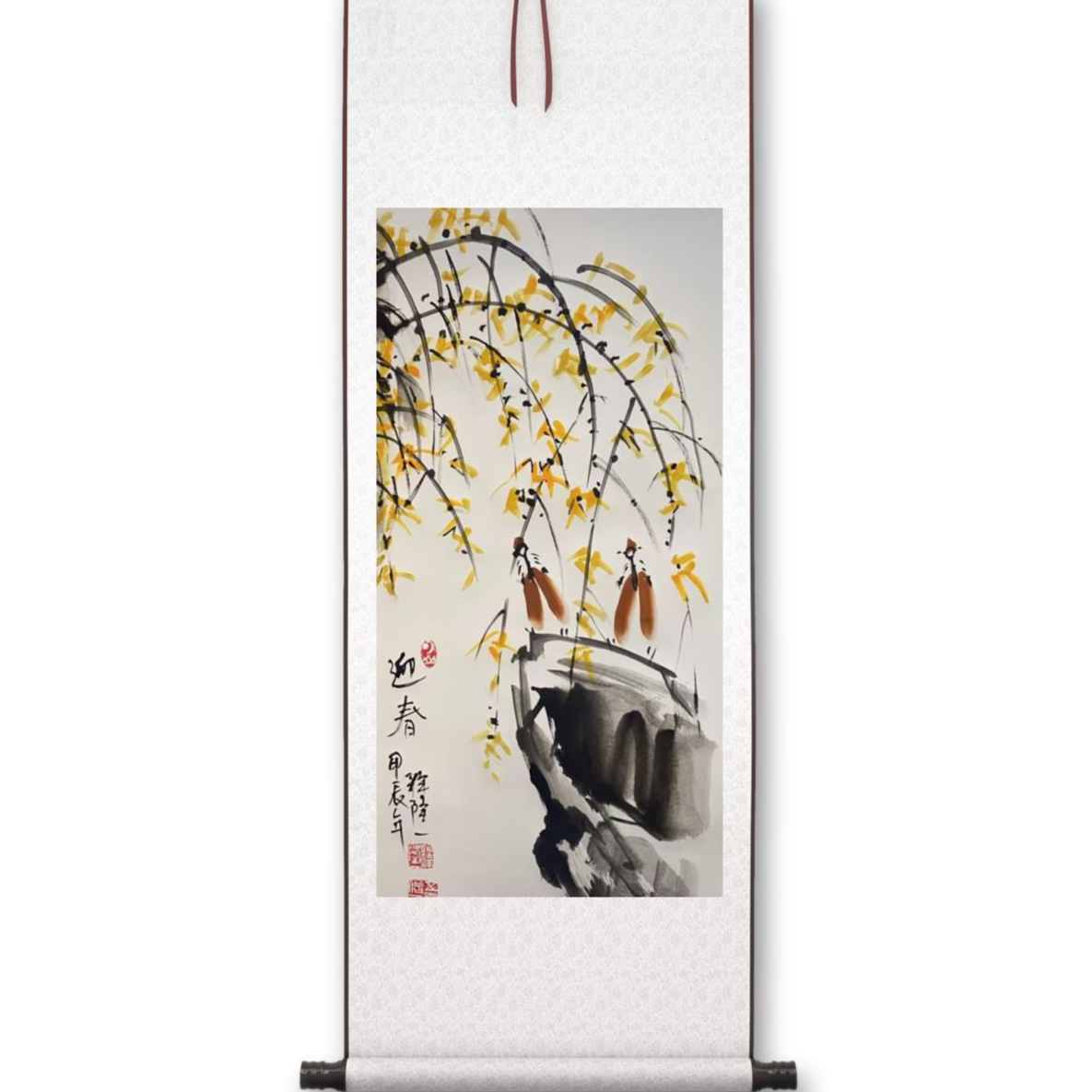 释隆一手绘《迎春花》卷轴130*50cm