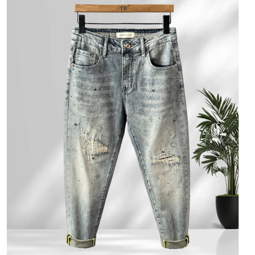 兰波轻奢春季薄款九分印花高端修身弹力流行小脚男款牛仔裤男潮牌
