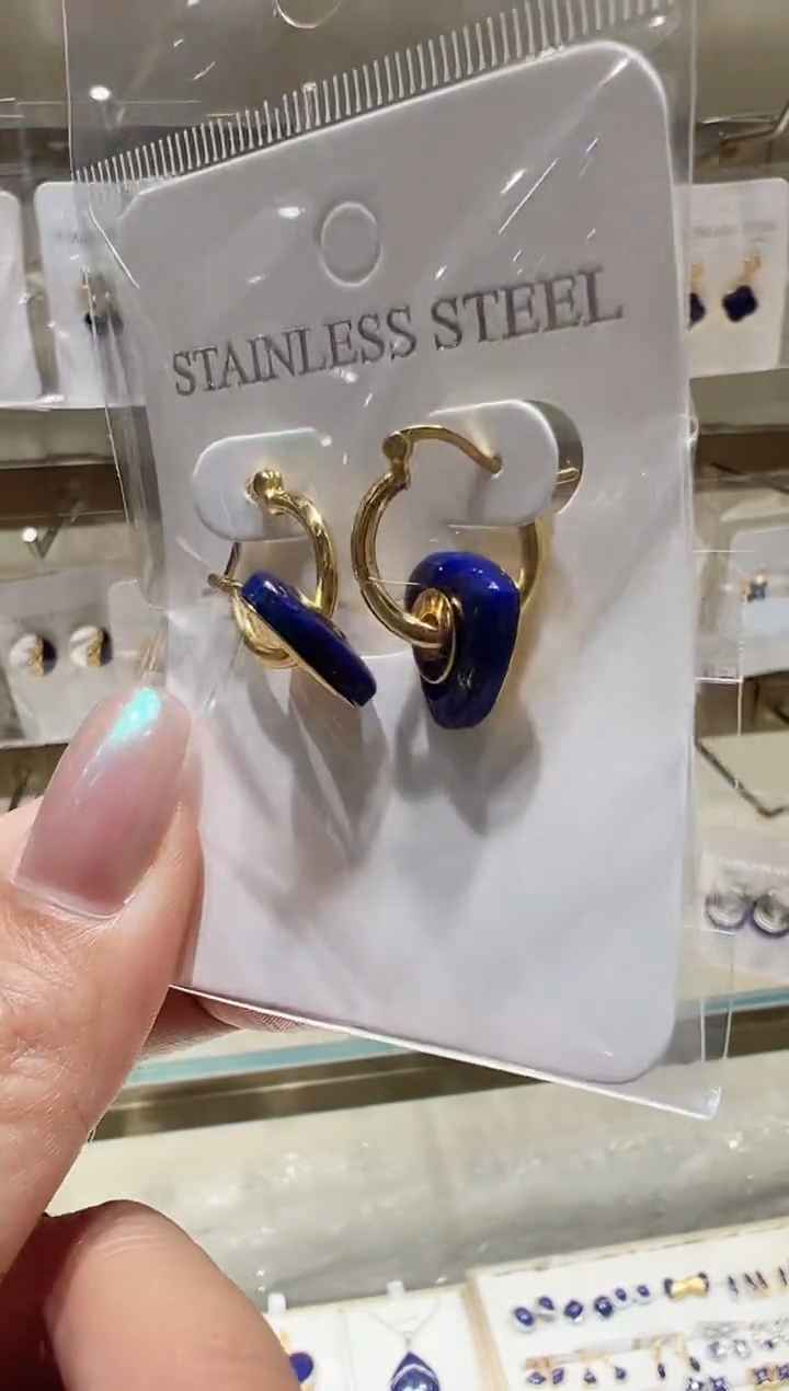 银S925镀金镶嵌青金石耳饰@@
