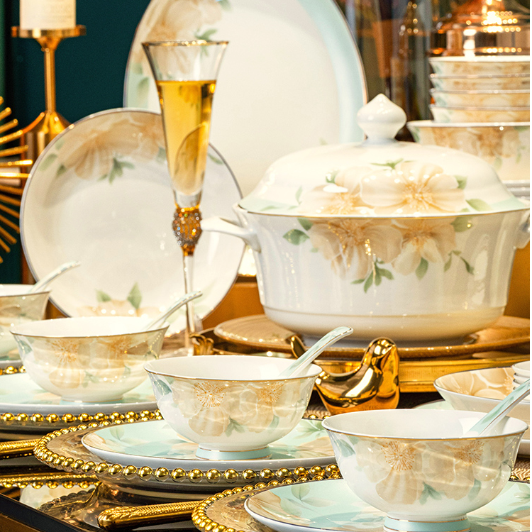 花开富贵高端餐具乔迁新居送礼碗碟套装家用精致轻奢简约风餐具