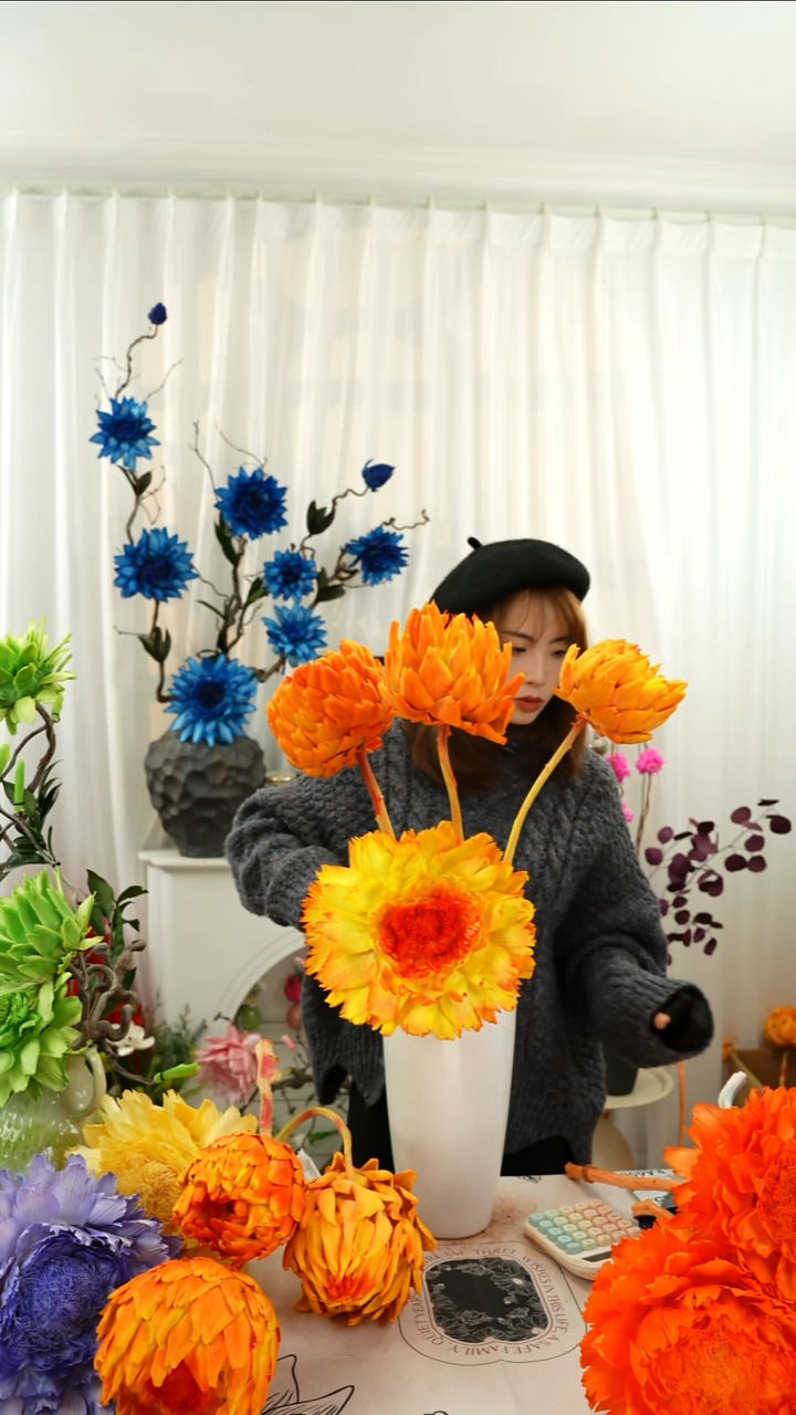 永生洋蓟 霸王花 4个头叶片微瑕【烈焰橙】A649