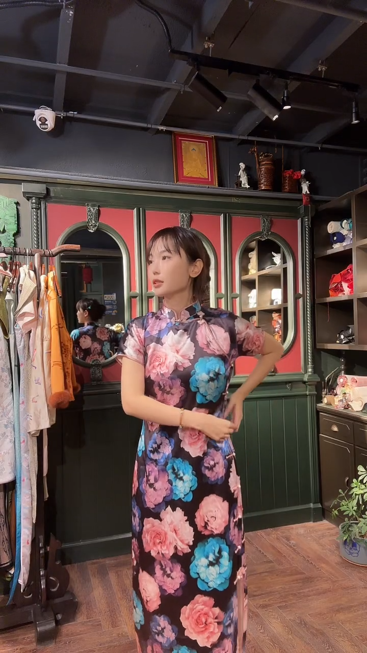 【现货L码】真丝花花旗袍