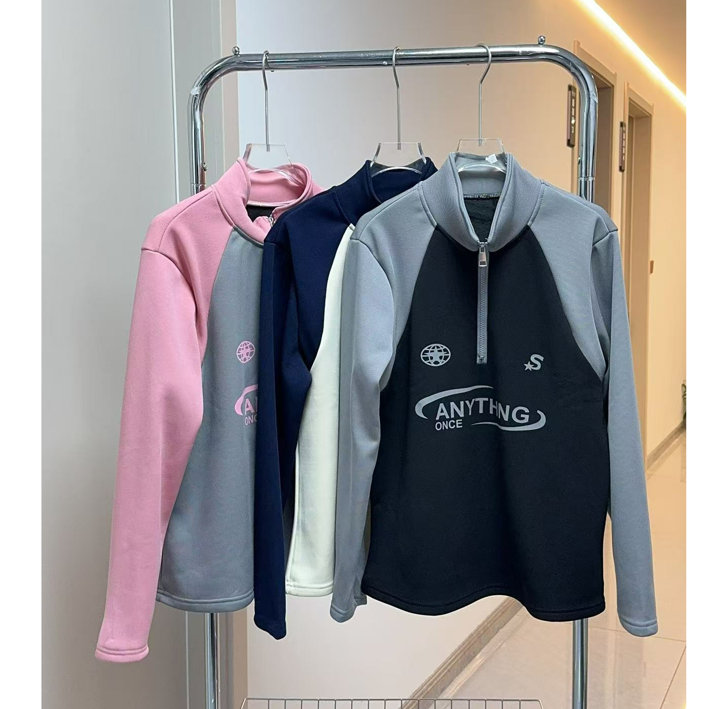 XIE9  韩版拼接撞色加绒上衣8738