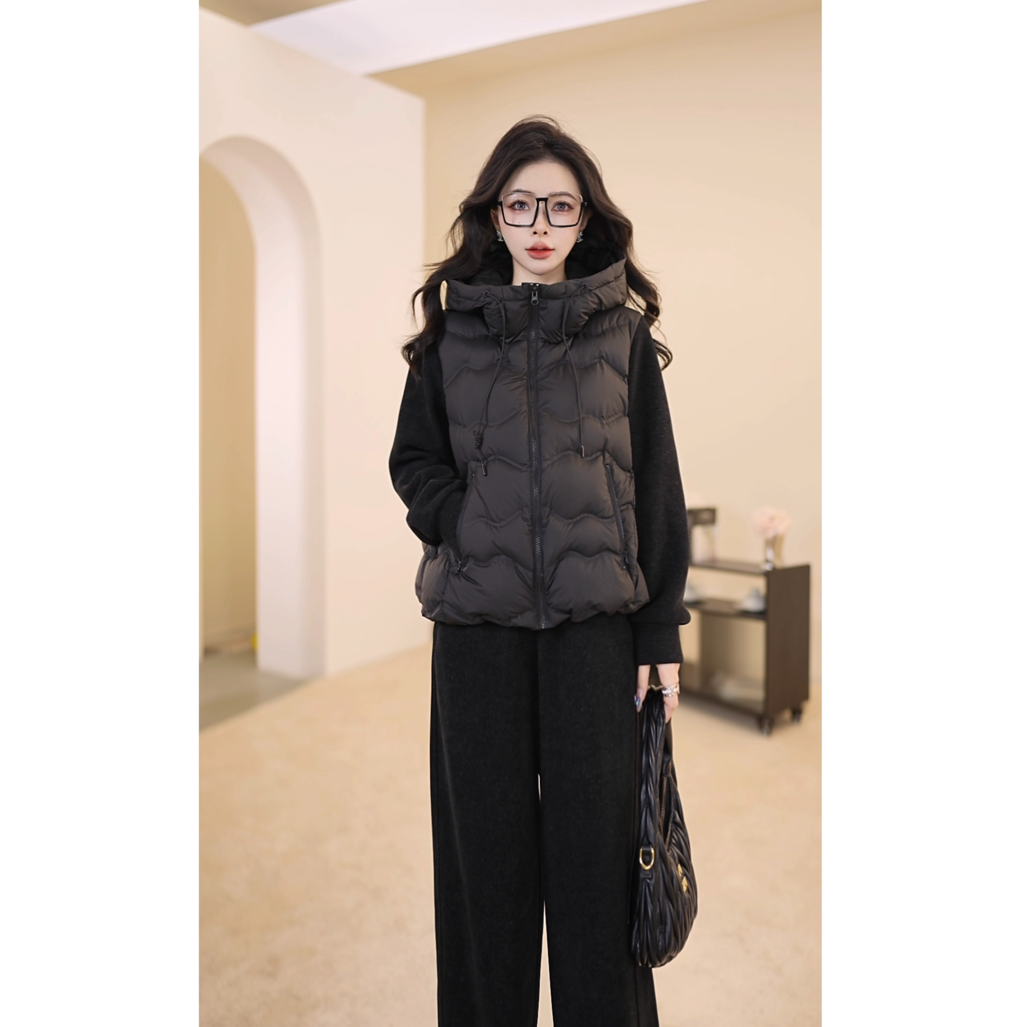 Jamor25秋冬新款气质时尚厚实保暖连帽拼接羽绒服套装