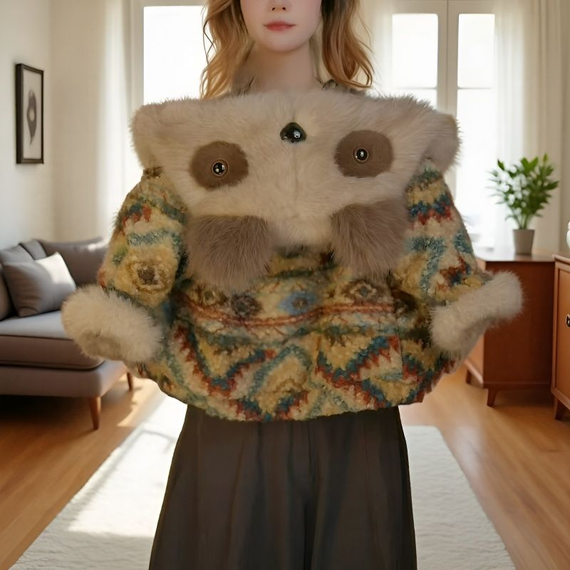 【男女同款】彩虹冬天连帽浣熊时尚可爱加绒加厚上衣毛毛外套hna14