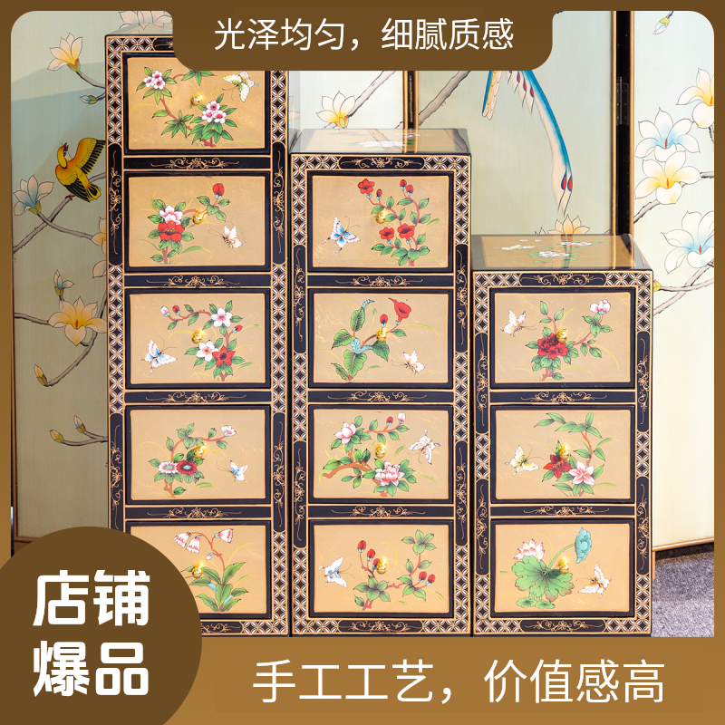 新中式贴金客厅手绘多斗柜金箔彩绘抽屉式储物柜家用置物柜收纳柜