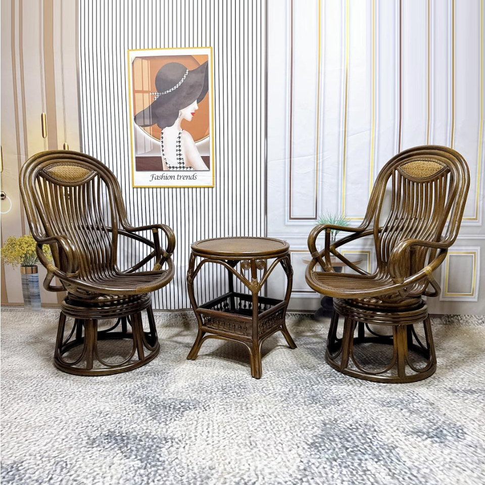 天然藤转椅电脑椅家用办公书桌椅静音旋转椅阳台高背椅三件套藤椅