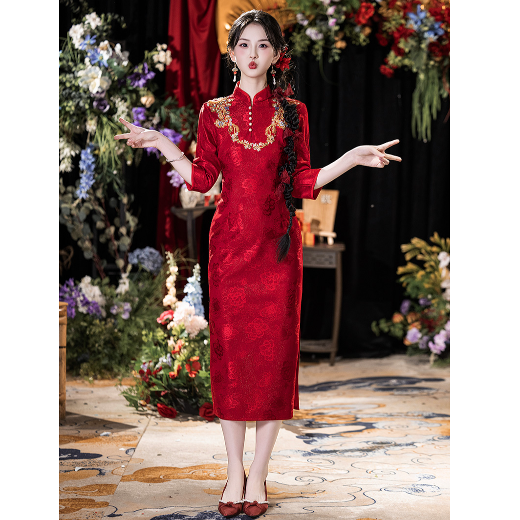 红色旗袍敬酒服新娘2025新款新中式绝美刺绣结婚订婚礼服裙小个子