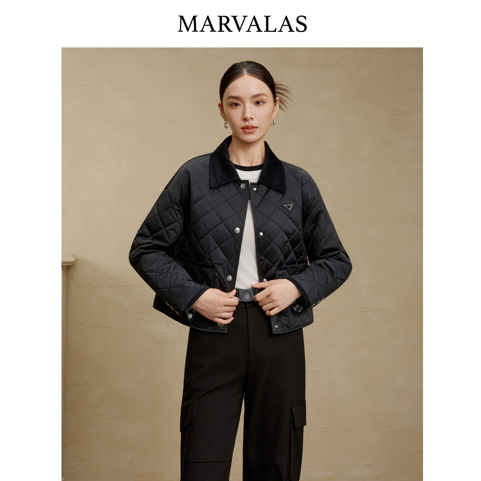 曼德诗纯色短外套2025冬季新款时尚菱格设计保暖棉衣百搭通勤棉服