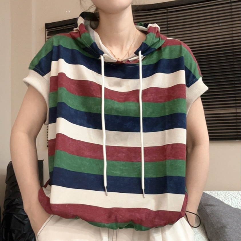 【冰冰一号店】5301 4连帽炒色条纹短袖T恤休闲百搭原创