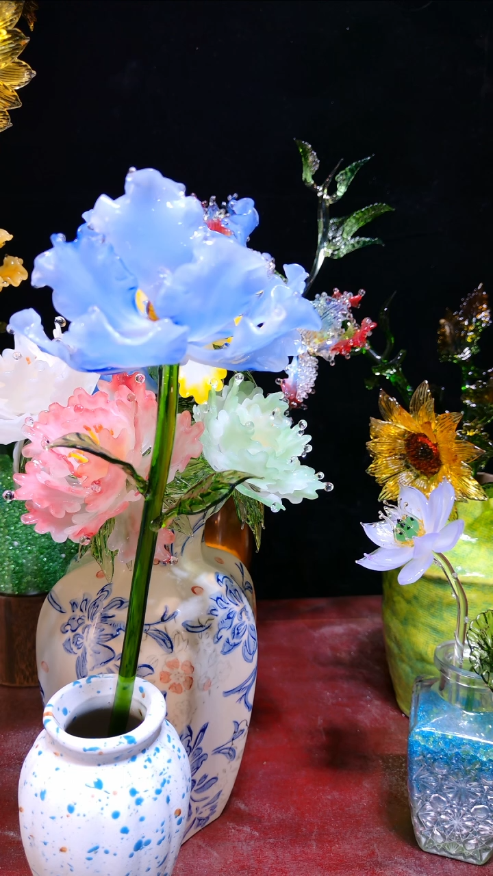 玻璃颈饰蓝色大朵牡丹