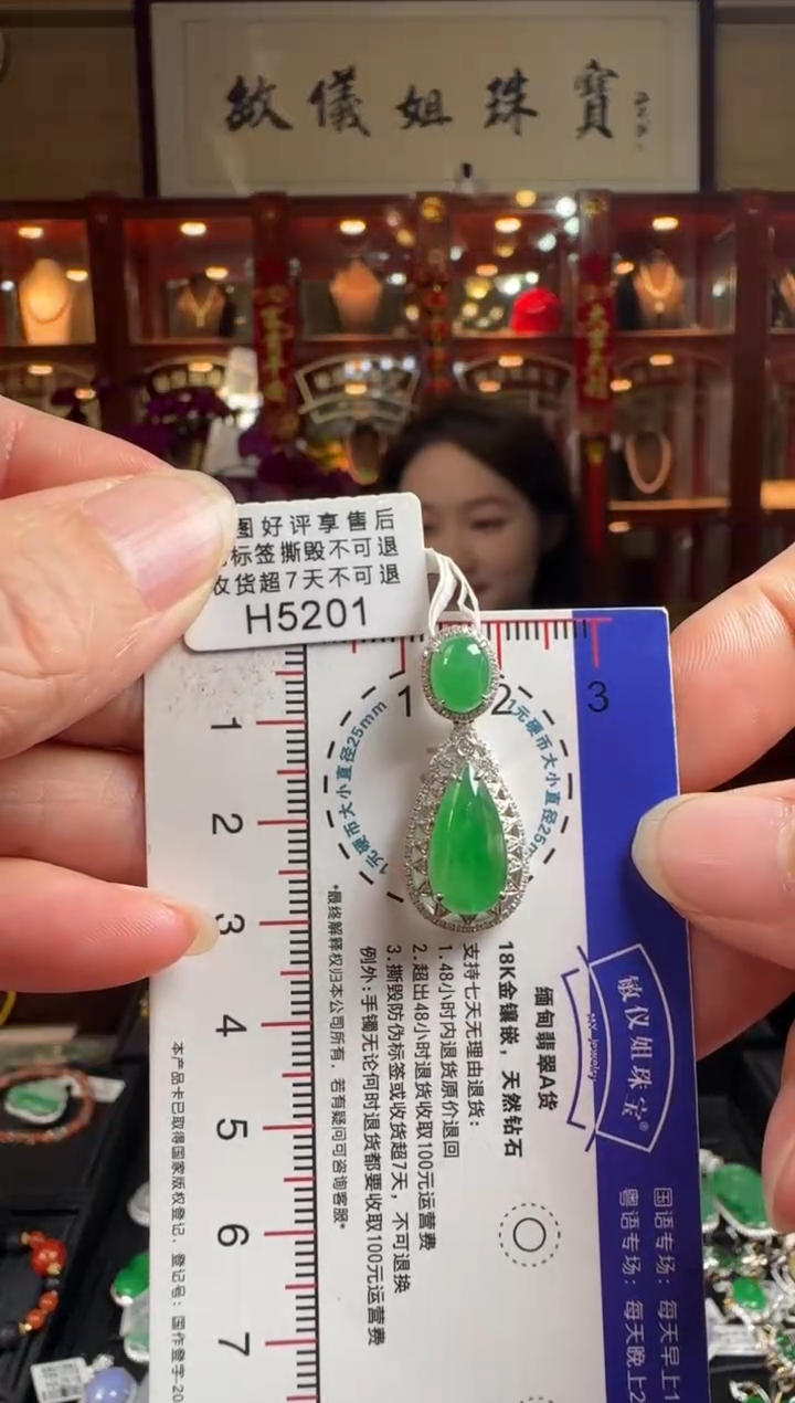 【闪购商品】翡翠颈饰18K金镶嵌H5201冰阳绿滴水