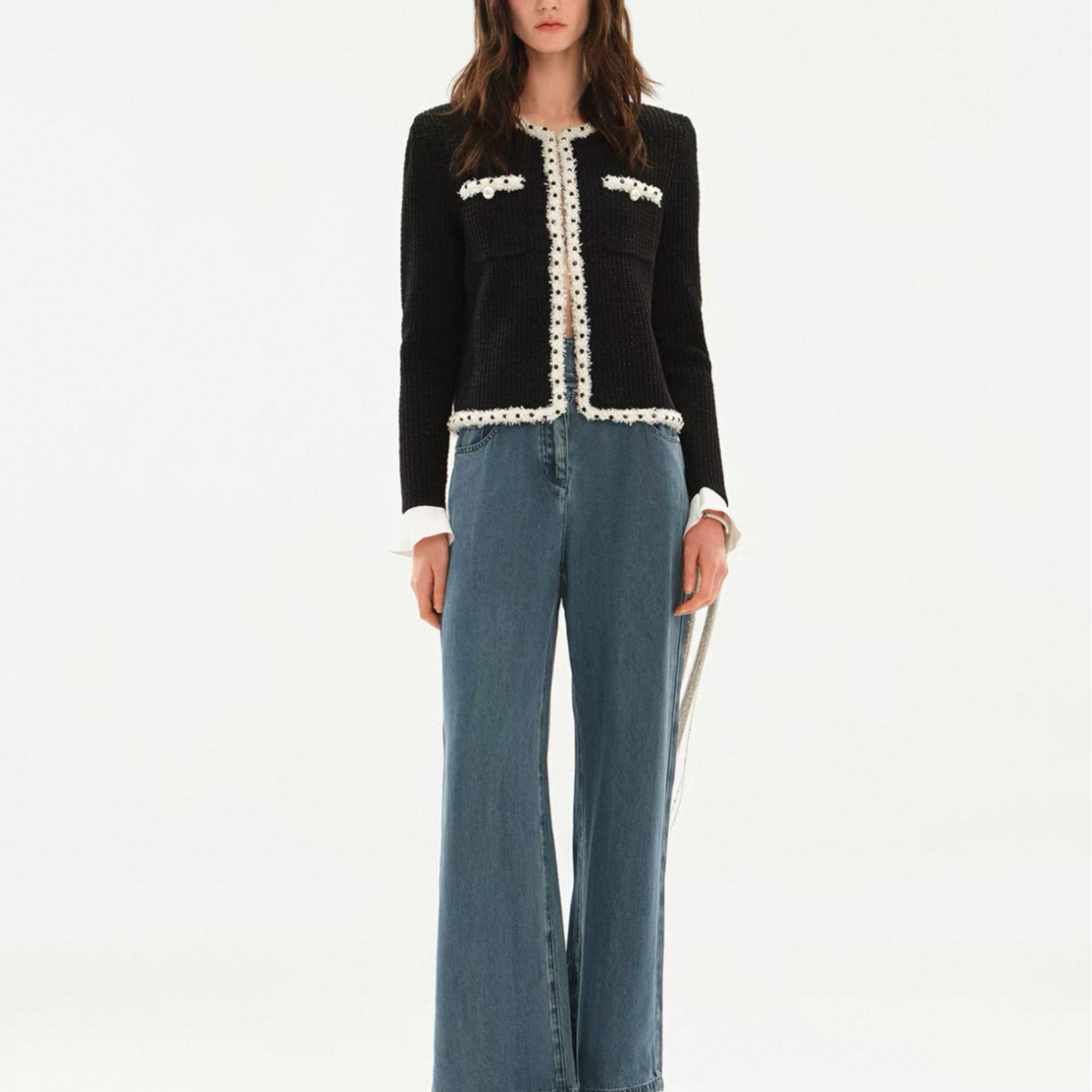 婳霓】26年早春绵质珠边外套春季新款流行圆领黑色上衣25404/25520