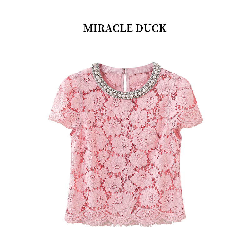 2号【樱花胭脂】夏季时尚气质重工钉珠蕾丝镂空两件套短袖上衣C1551