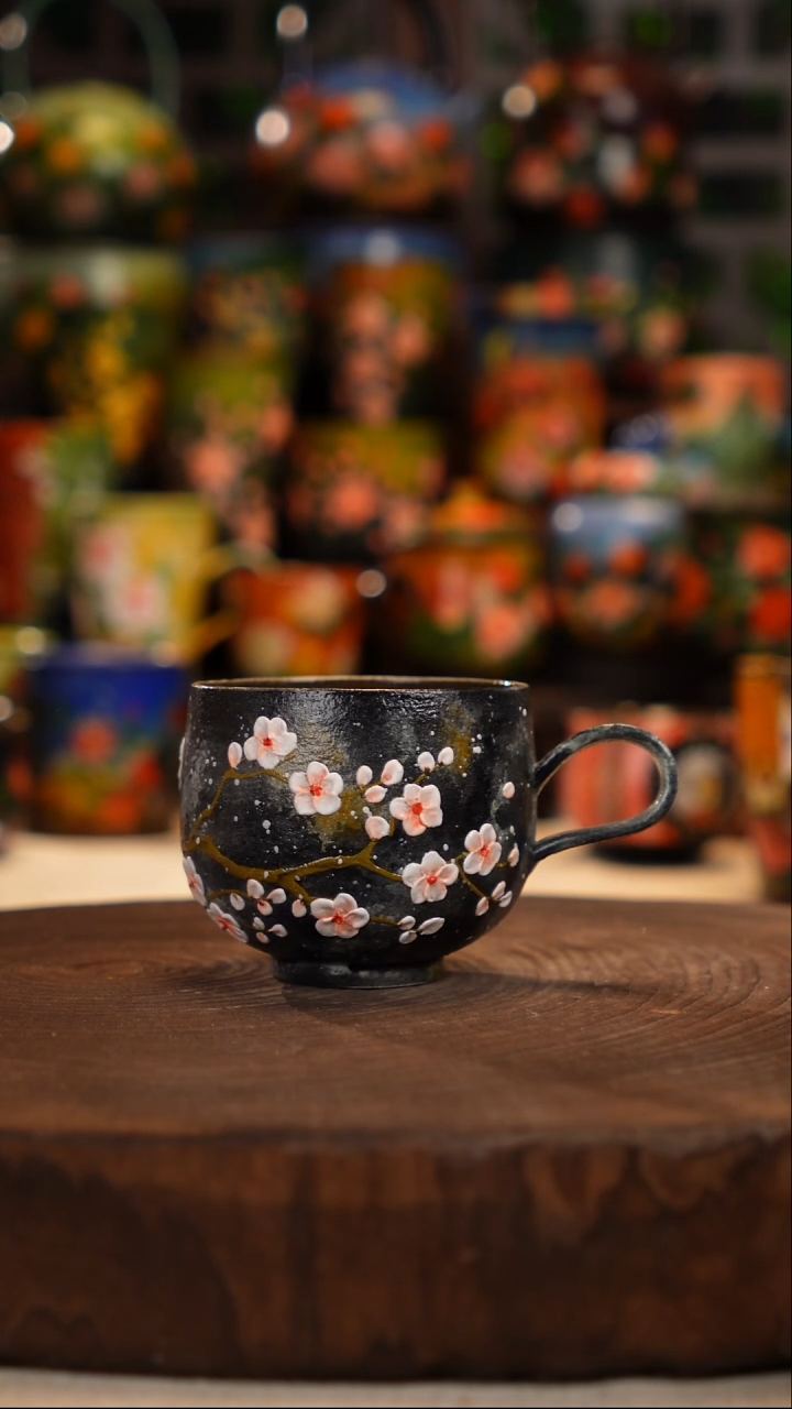 紫砂手工手绘岩彩釉下星空腊梅咖啡杯