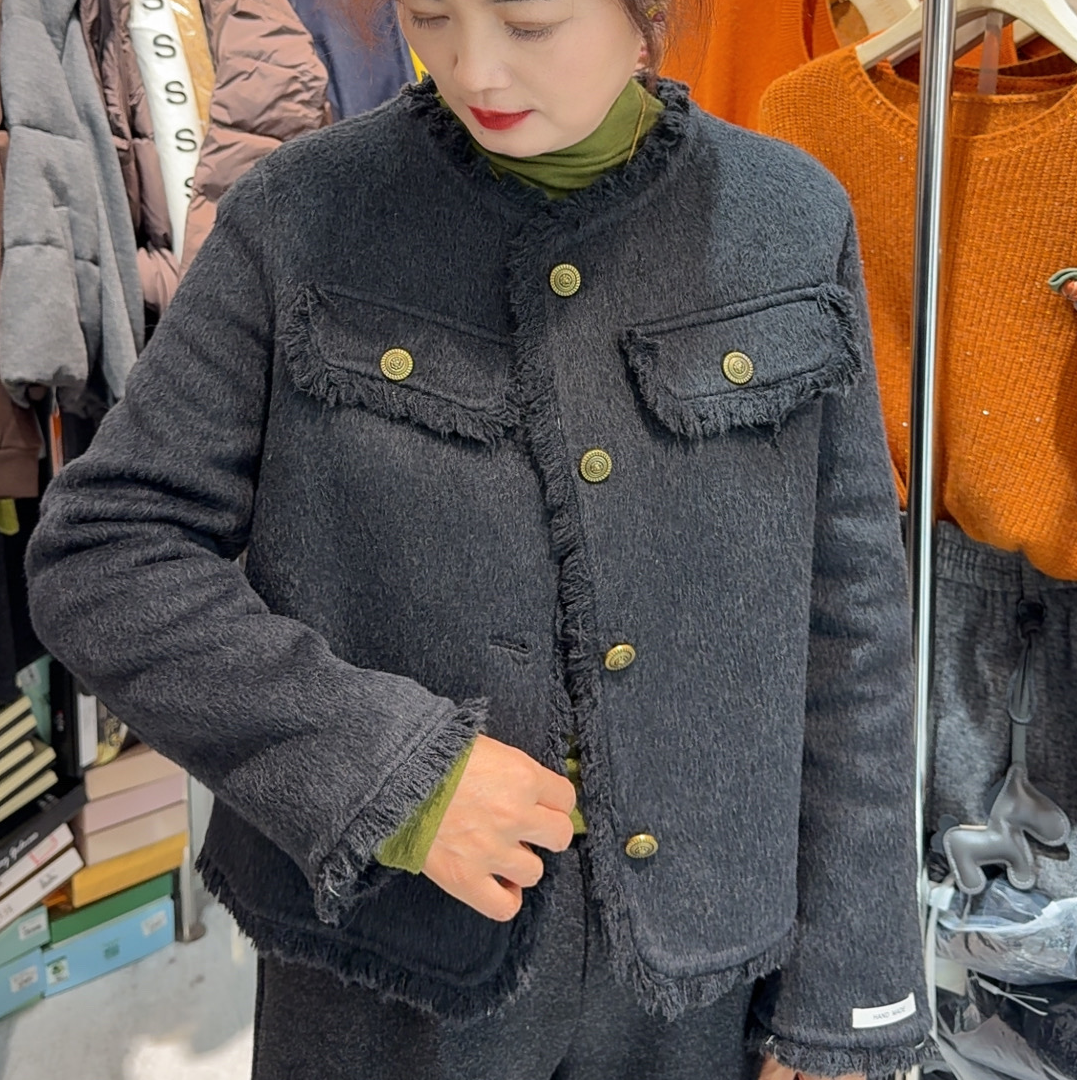  [ W i F i ]5007小香风羊毛双面呢毛边流苏外套（衣长60）