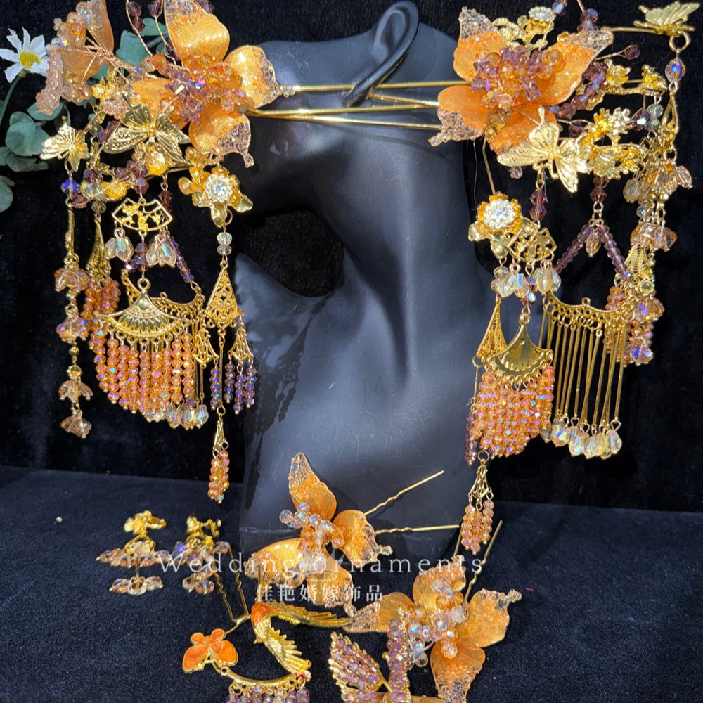 9166新款灵动蝴蝶仙气金色减龄秀禾汉服设计师款新娘头饰