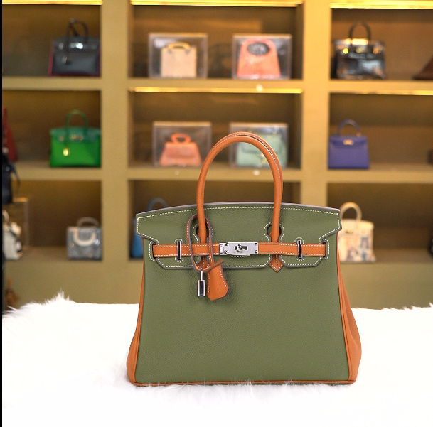 【尺寸：30*15*24】SISI原创设计高定真皮女包时尚百搭BK30 绿拼棕