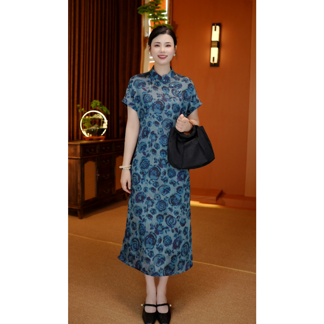 【蓝玫瑰】中国风双面穿桑蚕丝花萝提花旗袍领长款品质女装连衣裙