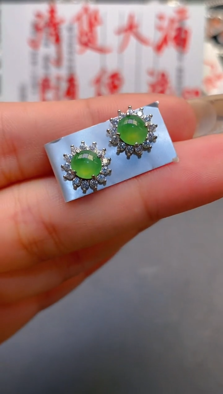 【闪购商品】翡翠耳饰银S925镶嵌天然A货翡翠1