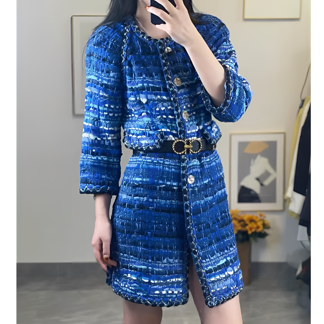 99新 Chanel/香奈儿 希腊蓝色渐变马赛克长款外套/F38/编号0873