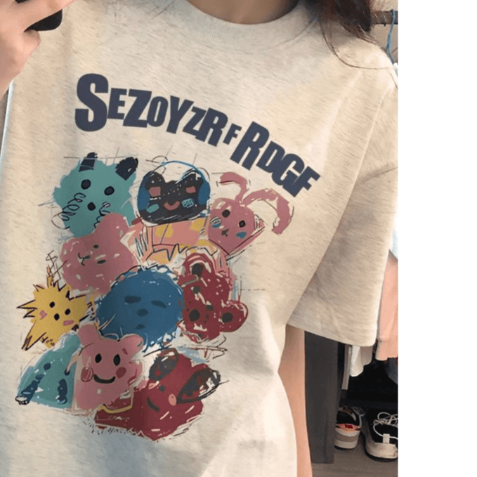 白灰色短袖印花T恤百搭字母落肩大码宽松上衣显白显瘦美式学生潮t