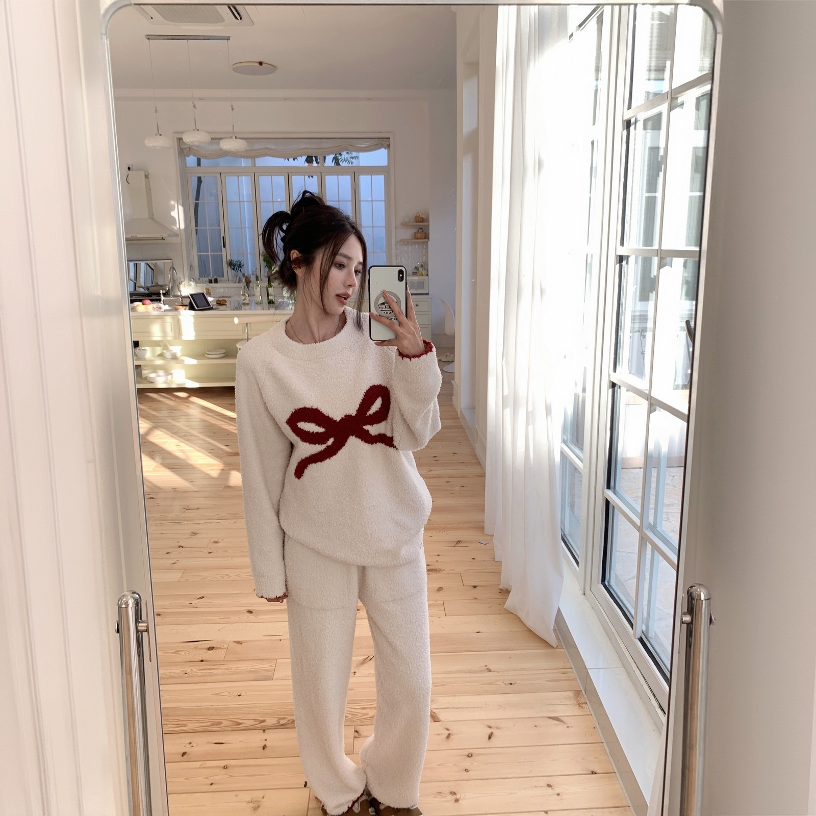 半边绒纯色星星蝴蝶结家居服睡衣套装秋冬女加厚加绒圆领套头宽松