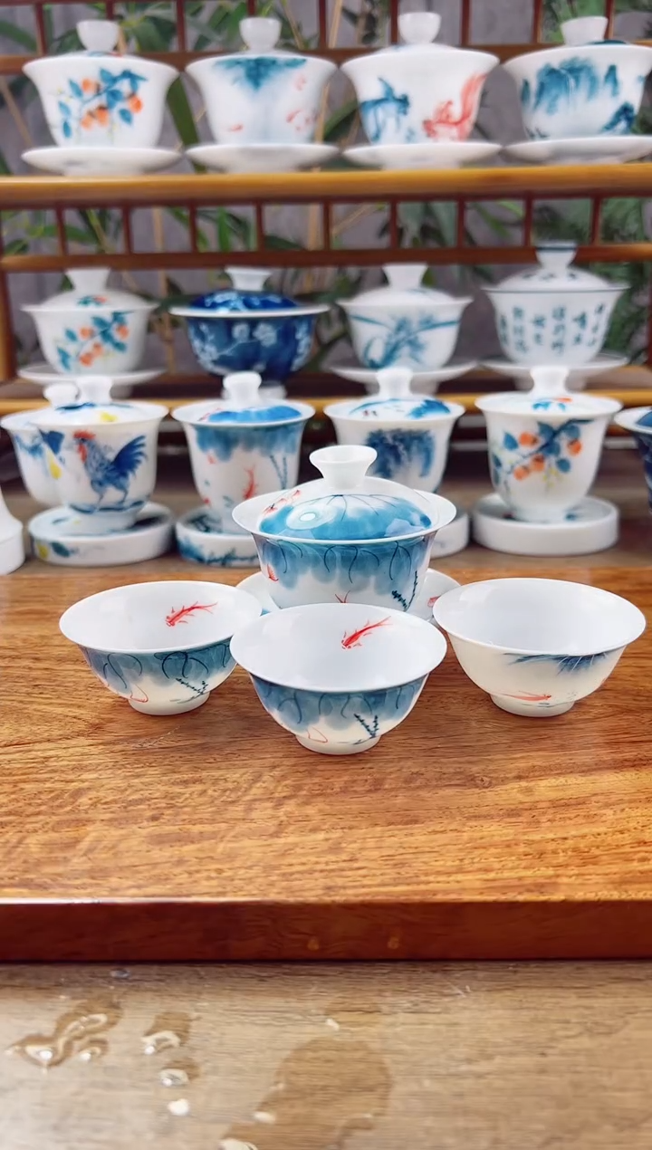 【闪购商品】微瑕线条莲80ml三才盖碗+小玉兰3