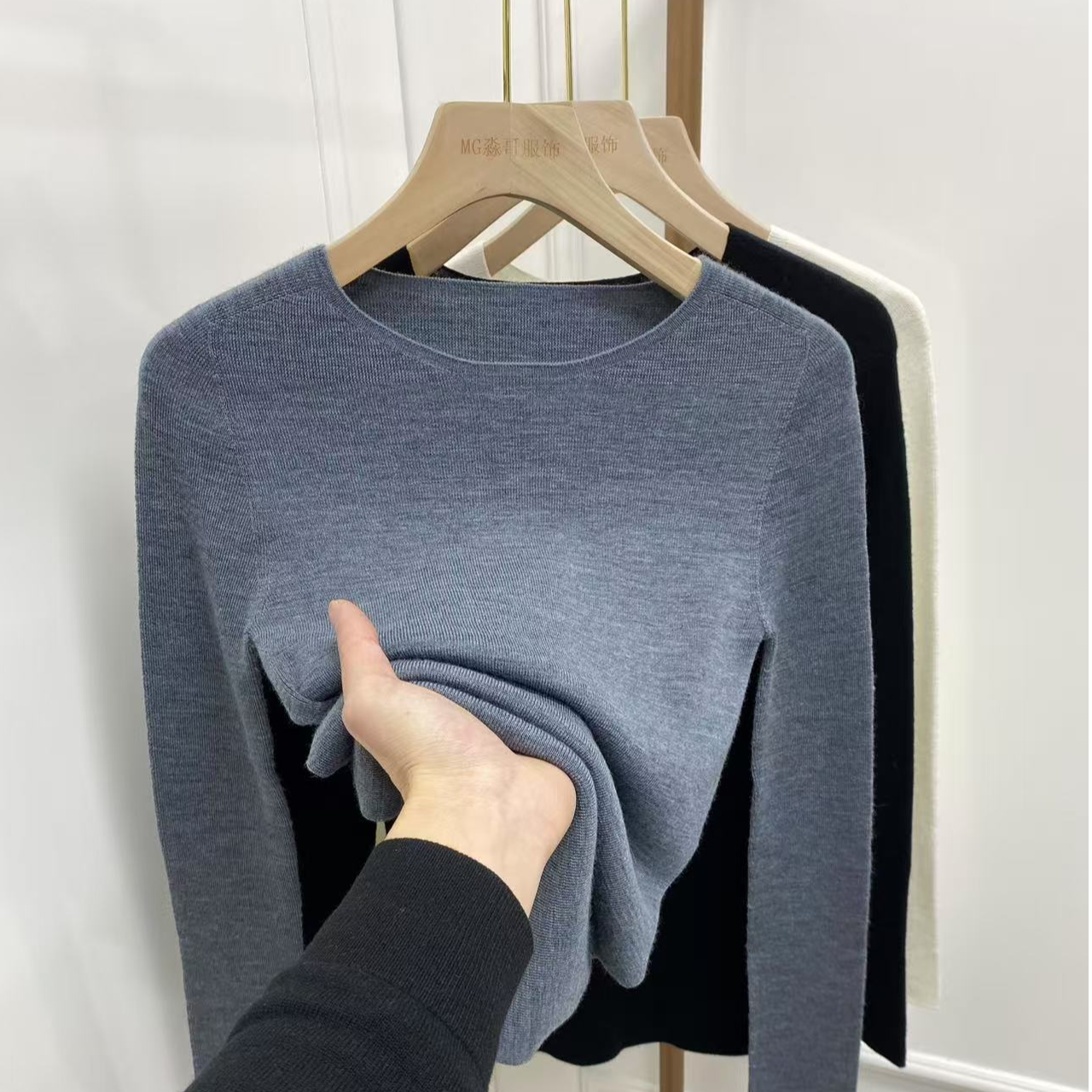 [100%全羊毛一字领]精纺美丽诺羊毛衫无缝一线成衣长袖秋冬新款女