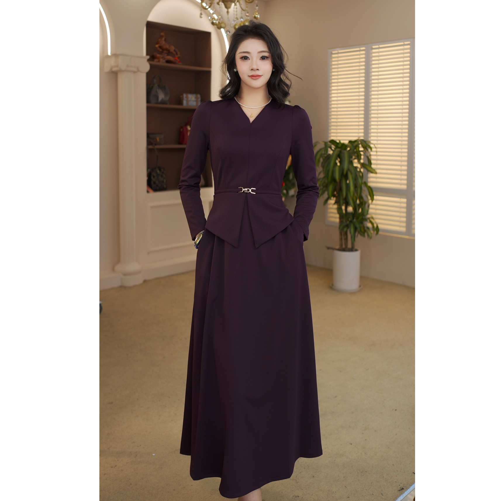 9986#气质收腰长袖连衣裙女春秋洋气假两件中长裙轻奢女士裙子