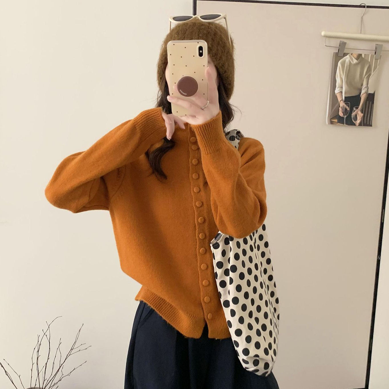 韩系秋冬高领包扣设计感纯色宽松长袖针织开衫女简约休闲毛衣外套