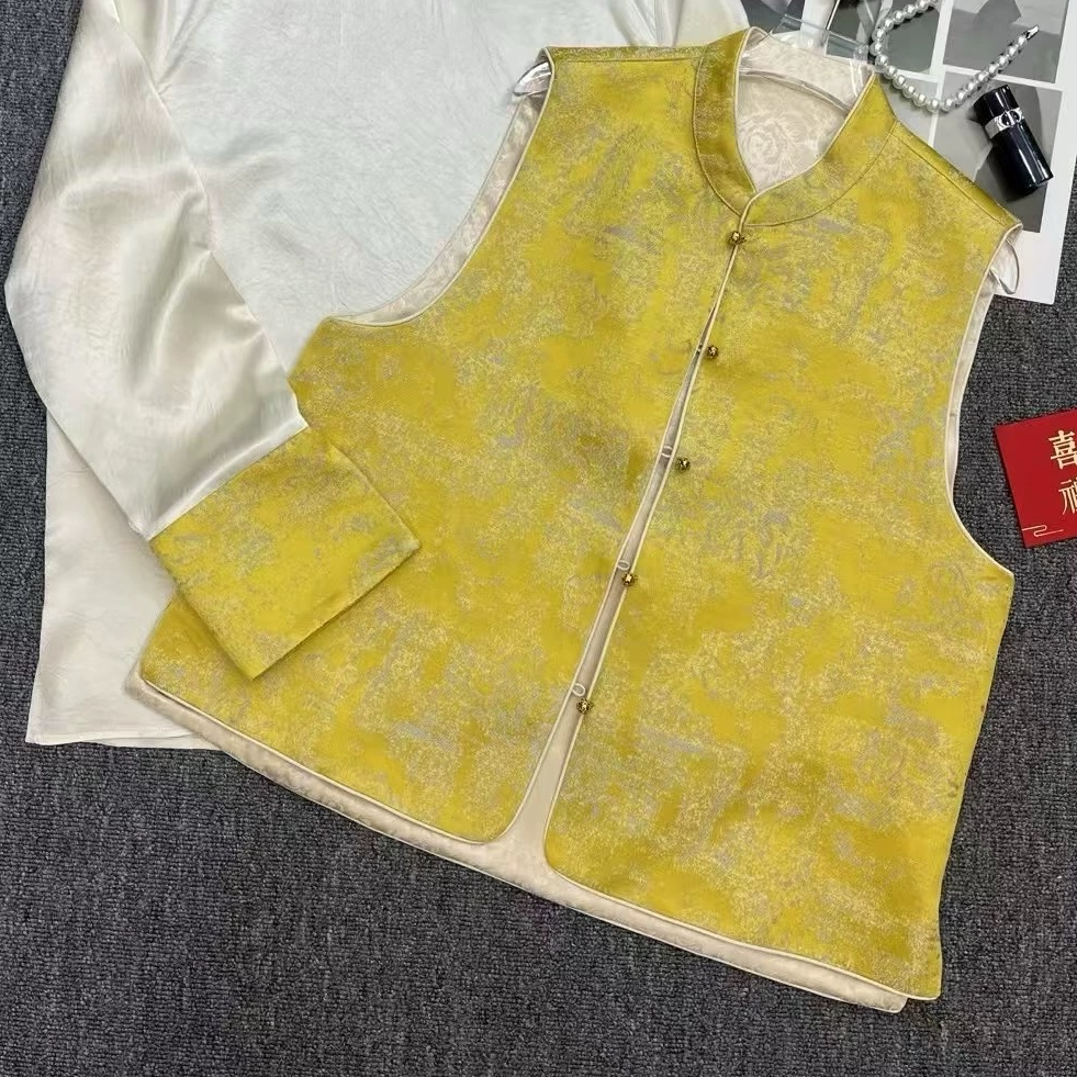 【茵姐推荐】2025新款可双面穿单排扣钉珠立领提花中式马甲3280