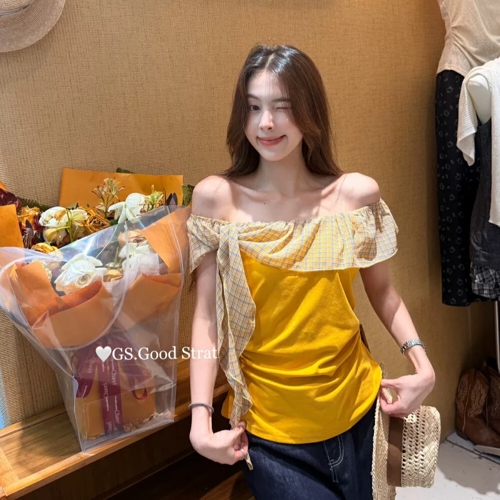 夏季新款纯欲风别致一字肩格子撞色收腰显瘦短袖上衣女装夏季