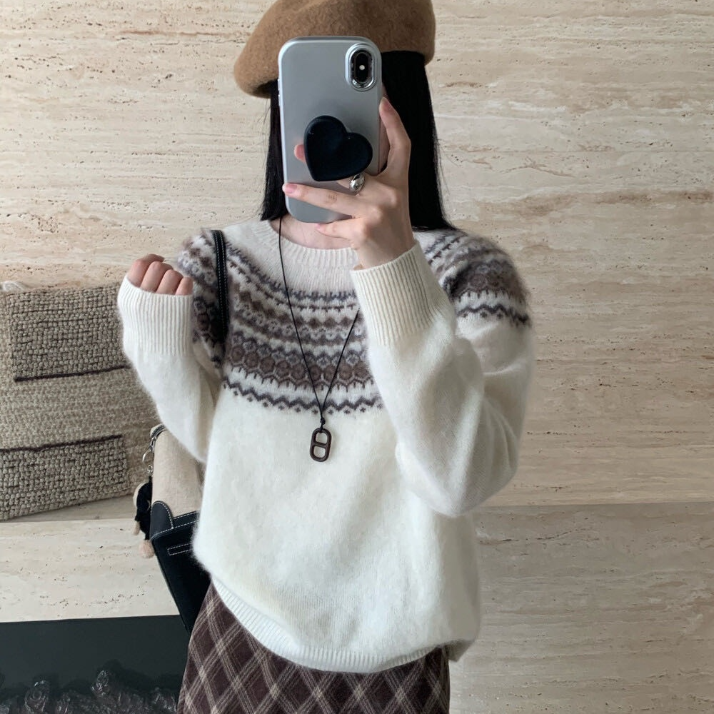AM-2026冬季羊绒羊毛拉绒爆款费尔岛提花时尚韩版慵懒羊绒衫5499 
