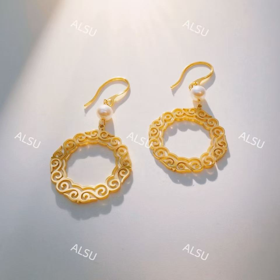 合金仿珍珠耳饰 ALSU原创经典民族风夸张大圆耳环时尚轻奢法式