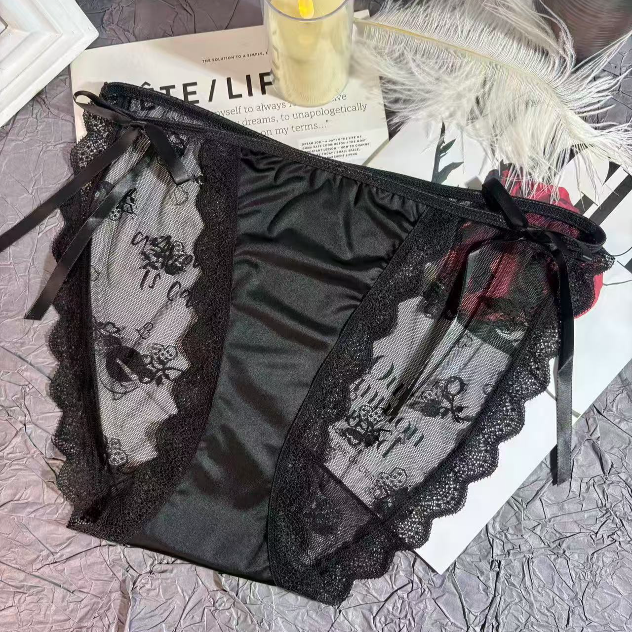 法式浪漫缎面大码内裤蕾丝边蝴蝶结网纱透气中腰性感女士 三角裤