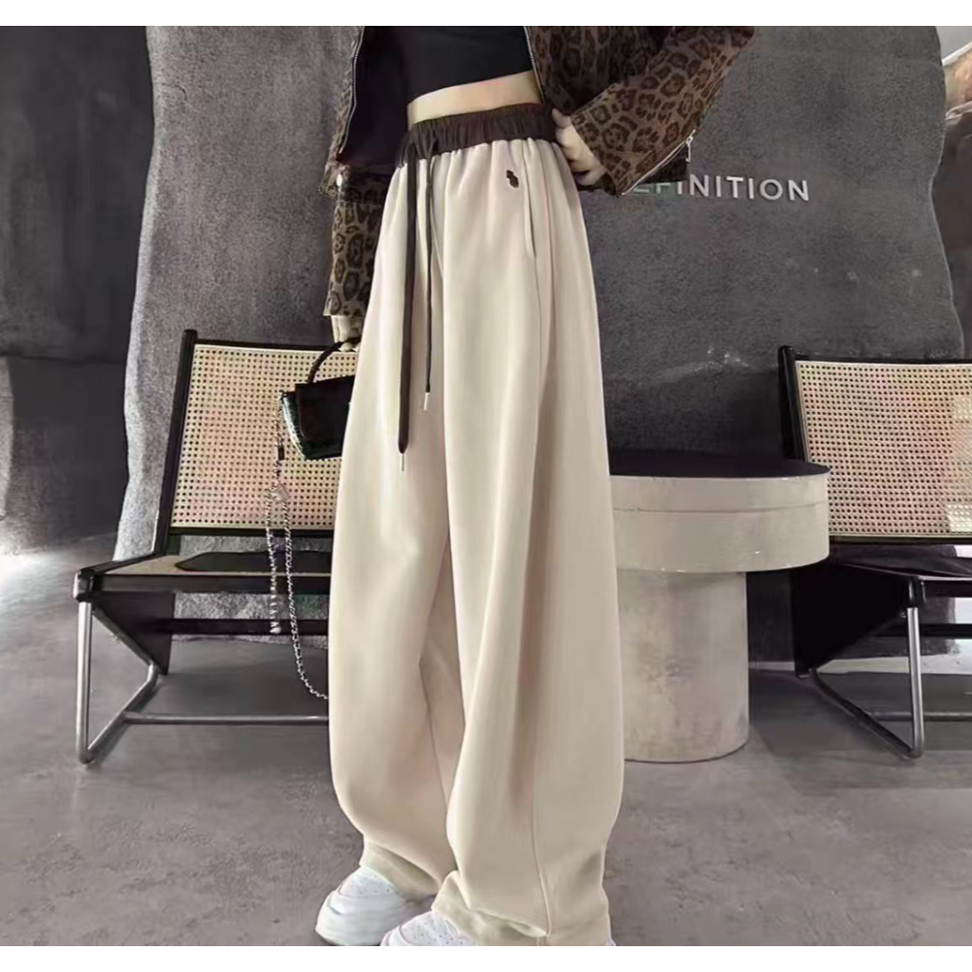 慵懒风刺绣阔腿裤女秋冬加绒加厚高腰宽松时尚百搭拼色休闲弯刀裤