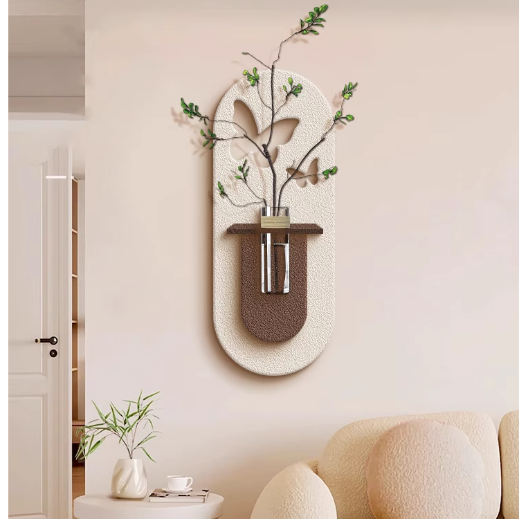 现在简约奶油风客厅装饰画砂岩感入户正对门挂画带绿植餐厅壁画