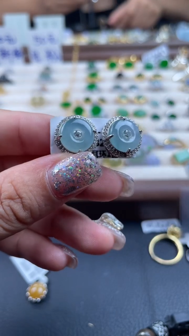 翡翠银S925镶嵌耳饰缅甸天然A货翡翠