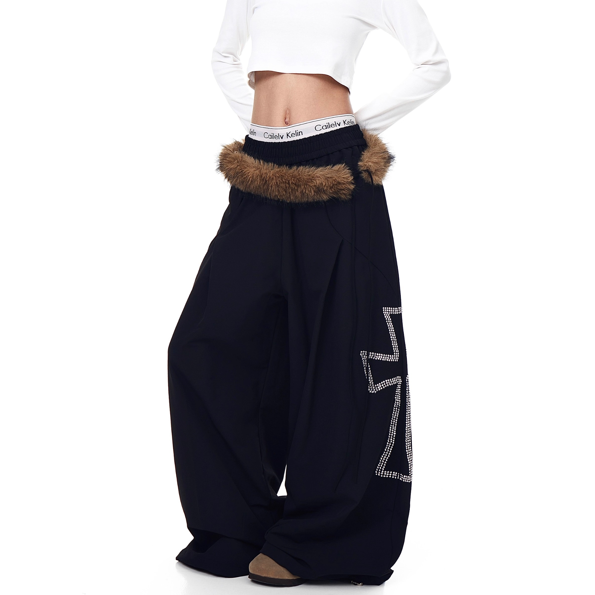 美式可拆卸毛领烫钻十字架阔腿休闲卫裤女爵士舞宽松春秋直筒长裤