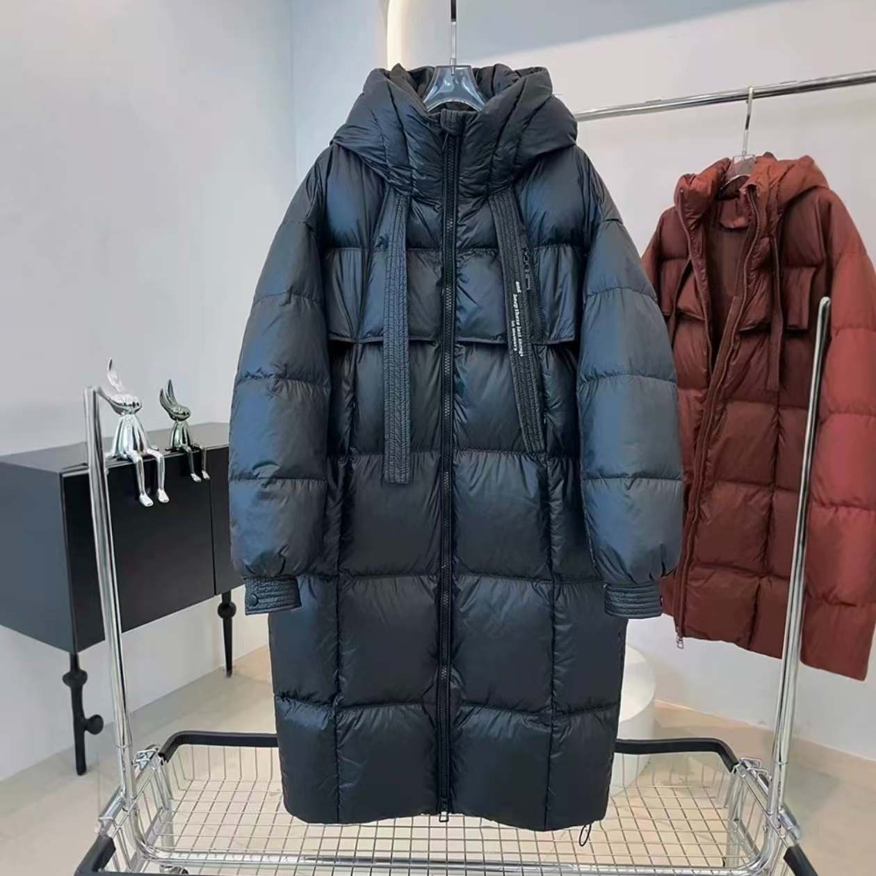 韩版飘带连帽羽绒服女2025冬装新款白鸭绒中长款291