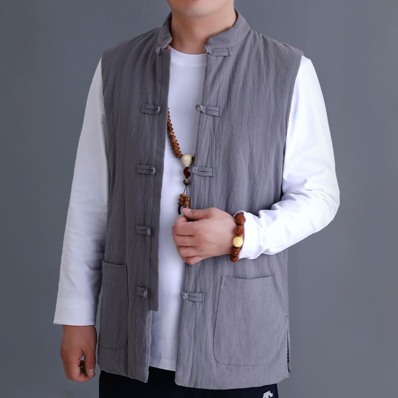 棉花手工加厚盘扣马甲男士秋冬季保暖马夹中老年坎肩内外穿背心