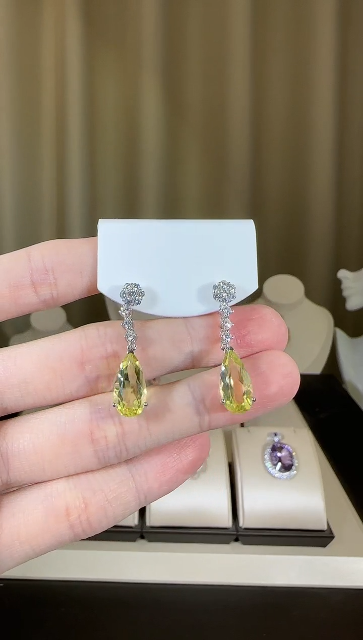 【闪购商品】水晶耳坠银S925镶嵌8*14mm柠檬晶