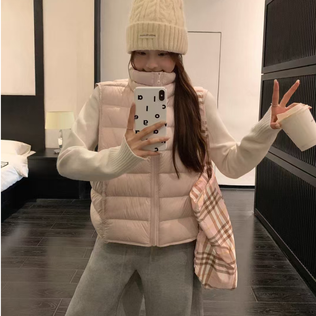 新国标90白鸭绒女士短款立领排骨羽绒服马甲内搭泡芙舒适马夹-465