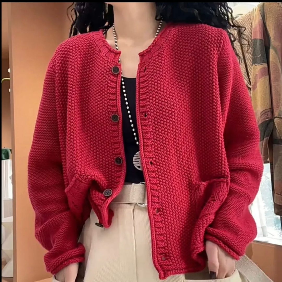 时尚慵懒休闲百搭纯色针织上衣宽松森女系韩版单排扣长袖外套秋冬